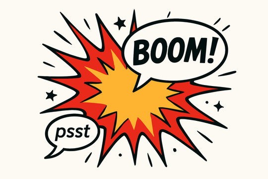 Cartoon Explosion with Speech Bubbles Saying Boom and Psst.