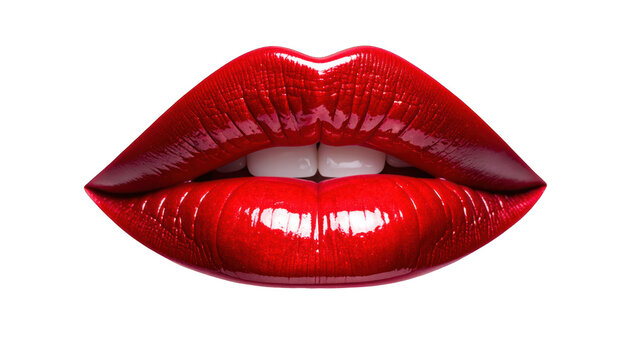 A close-up of glossy, red lips against a black background. White teeth
