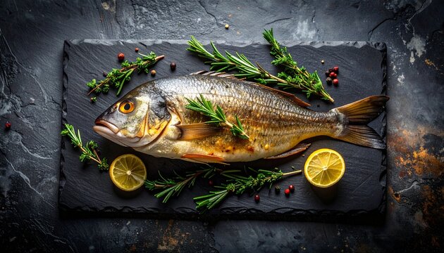 Fresh Grilled Sea Bream Fish with Rosemary and Lemon on Black Slate Board