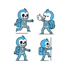 Cartoon skeleton characters in blue hoodies performing various actions with copy space