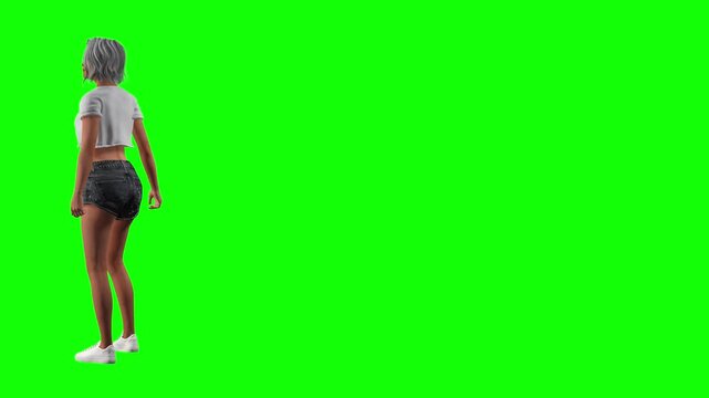 Female model walking into frame pose on green screen chromakey background in 3d animated cartoon animation style. Sporty summer apparel presentation ideal for compositing.
