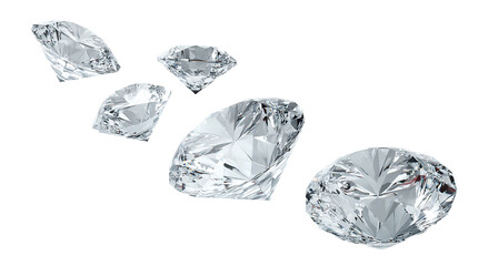 Floating group of shiny diamonds with reflections, isolated on transparent cutout background