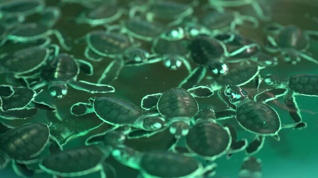 A group of tiny green sea turtles swims together in a water basin.