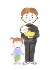 厳しい表情で赤ちゃんを抱っこする制服姿の男の子と、幼い女の子のイラスト
