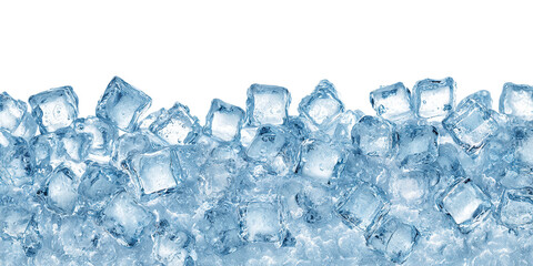 Ice cubes forming bottom border, isolated on transparent cutout background