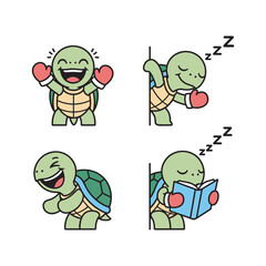 Cartoon turtle exercising and relaxing with boxing gloves and book