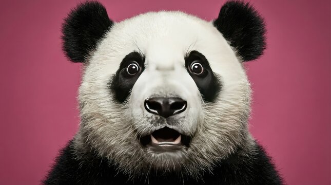 Shocked panda with big eyes on pink background concept. Close-up of a surprised panda against a vibrant pink backdrop.