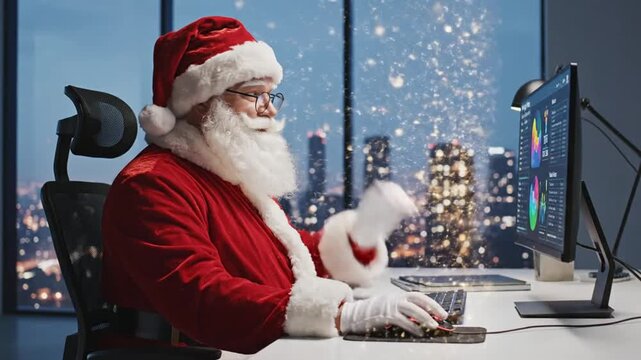 A person in a red suit and hat at a desk with a computer and cityscape background