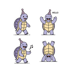 Cartoon turtle character in party hat dancing and celebrating