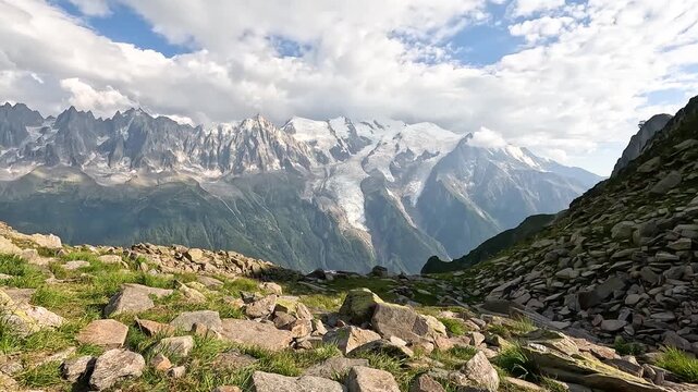 Wide Scenic Mountain Landscape, Mont Blanc From Col du Br&eacute;vent In Daylight, Dramatic Alpine Atmosphere And Natural Grandeur