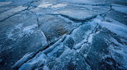 Ice winter background with cracks and grunge texture concept. Cracked ice surface exhibiting intricate patterns and textures.