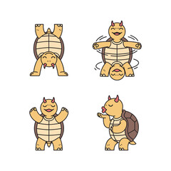 Cartoon turtle doing yoga poses with cute expressions and copy space