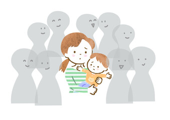孤独を感じている幼い男の子を抱いた母親のイラスト