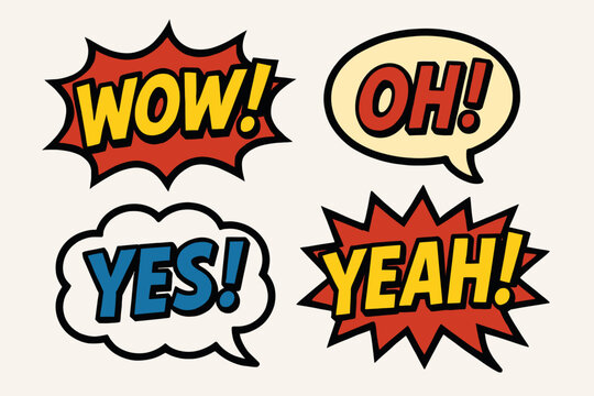 Set of four colorful retro comic book style speech bubbles.