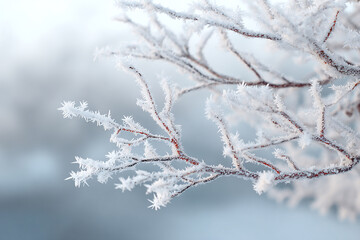 Obraz premium Frosty tree branches with intricate ice crystals in winter landscape