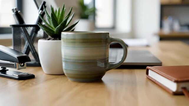 Workplace setting with stationery, a plant in a white pot, and a coffee cup on wooden table