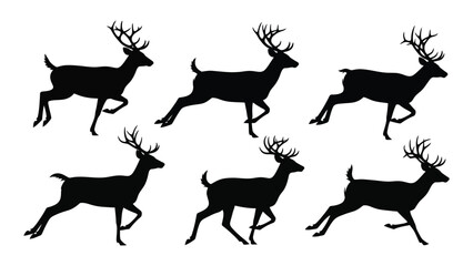 Six black silhouettes of deer in various dynamic running poses. isolated on white background, Vector