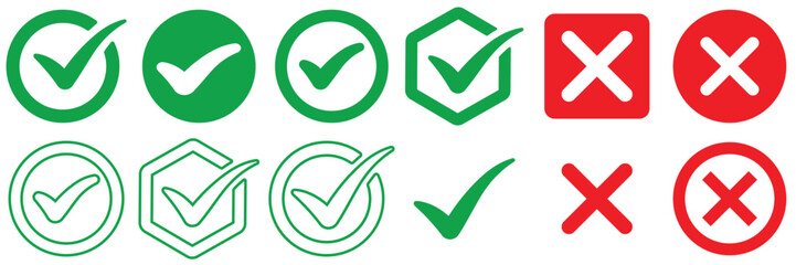 Obraz premium Check Mark and Cross Status Icons Set – Approved and Rejected Symbols in Circle, Shield and Outline Styles