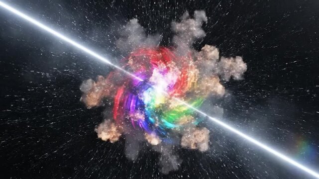 Two bright light beams shining across a dark starry space background