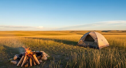 Camping in a serene grassland landscape. © Risqi