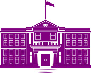 Naklejka premium Purple Institutional Building Icon with Columns and Flag for Education and Government Design. Symmetrical Institutional Structure with Flag, Columns, and Pediment for Governance, Education, and Minima