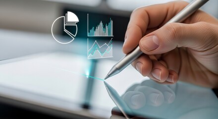 Naklejka premium Analyzing business data on a digital tablet with a stylus, a professional interacts with projected holographic graphs for strategic insights