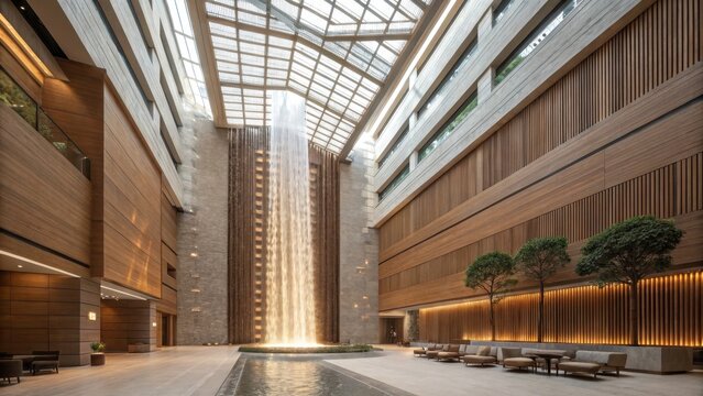 Spacious hotel atrium with a prominent waterfall wood elements and glass ceiling