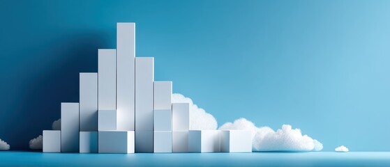 Fototapeta premium A minimalist arrangement of white geometric shapes resembling buildings, set against a blue background with fluffy clouds at the base.