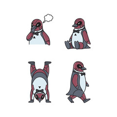 Penguin in tuxedo performing yoga poses with thought bubble on white background