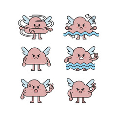 Cartoon pink blob characters with different emotions and actions in a minimalist style