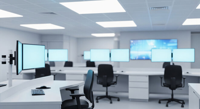 Modern office space with multiple computer monitors and chairs, showcasing technology and workspace environment from a central viewpoint