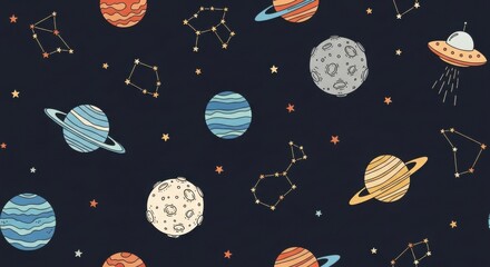 Vibrant cartoon planets and constellations in outer space