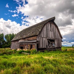 Obraz premium Weathered wooden barn amidst vibrant green field, dramatic cloudy sky above