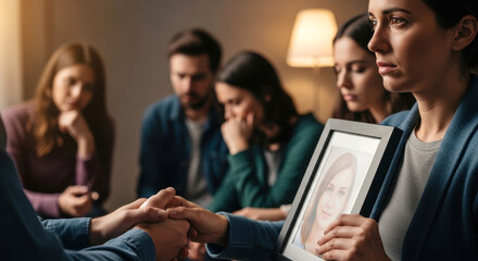 Support Group Grieving Together Holding Hands and a Portrait