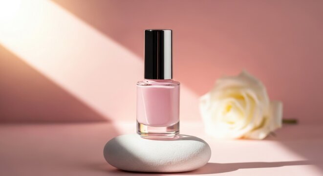 Elegant pink nail polish bottle on stone with white rose