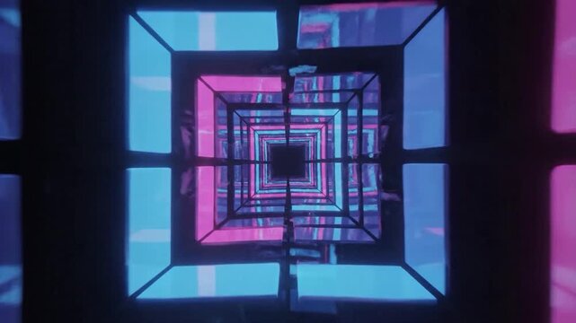 Abstract tunnel of glowing neon blue and pink square frames receding into