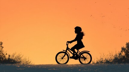 Fototapeta premium Girl is riding a bicycle on a path with a beautiful sunset in the background. Concept of freedom and adventure, as the girl enjoys her ride in the peaceful surroundings
