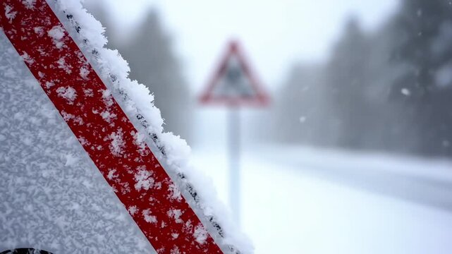 Snowy road ahead with warning sign in winter landscape
