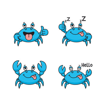 Cartoon blue crab characters with different emotions and gestures on white background