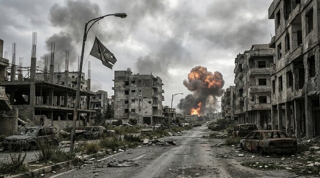 Empty city street with building ruins and dramatic explosion concept. Devastation and destruction in a war-torn urban landscape.