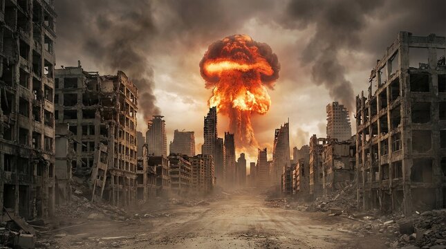 Empty city street with building ruins and dramatic explosion concept. Devastation from a nuclear explosion in a destroyed cityscape.