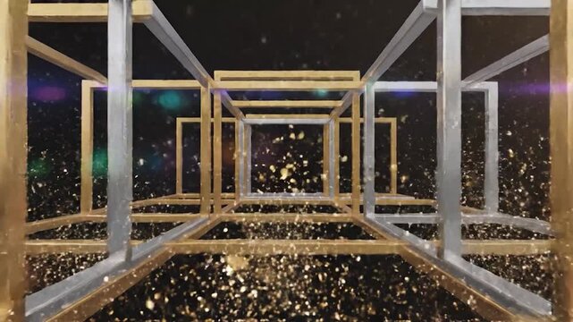 Abstract golden and silver cube frames receding into a sparkling dark background