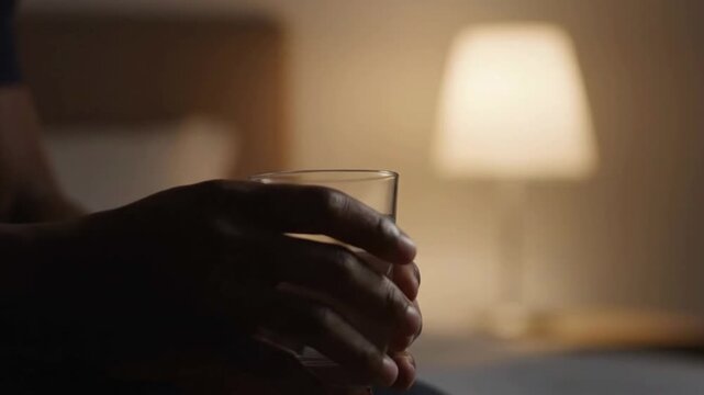 A close-up of an African American man's hands holding a glass of water and pills, showing a calm evening self-care routine for managing health or insomnia.