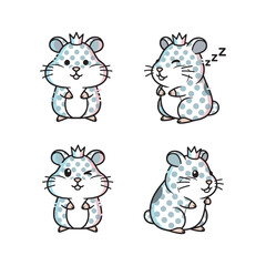 Cute cartoon hamsters in different emotions with spotted fur on white background
