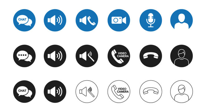 Collection of communication interface icons representing chat volume mute video call end call and user profile functions