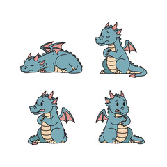 Cute cartoon blue dragons sleeping and sitting with red wings