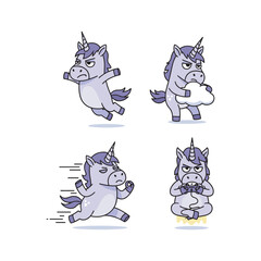 Angry unicorn cartoon character in various angry poses on white background