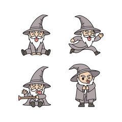 Cartoon wizard character in various poses and actions with magical staff
