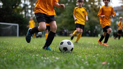 Obraz premium Young athletes in colorful jerseys play soccer on a grassy field