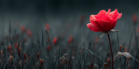 Obraz premium Close up a red flower is in the middle of black grass , hight contrast color.